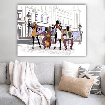 Lerretsbilde 70x100 cm - Livlig musikkgruppe som spiller på en gate, med fokus på fire musikere og instrumentene deres - Svart / Rød / Beige - Interiør - Maleri & posters - Lerretsbilder
