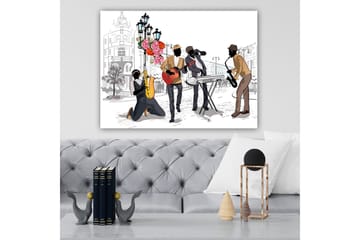 Lerretsbilde 70x100 cm - Livlig musikkscene med fire musikere som spiller forskjellige instrumenter på en gate, omgitt av blomster og lys - Mørk brun / Rød / Svart - Interiør - Maleri & posters - Lerretsbilder