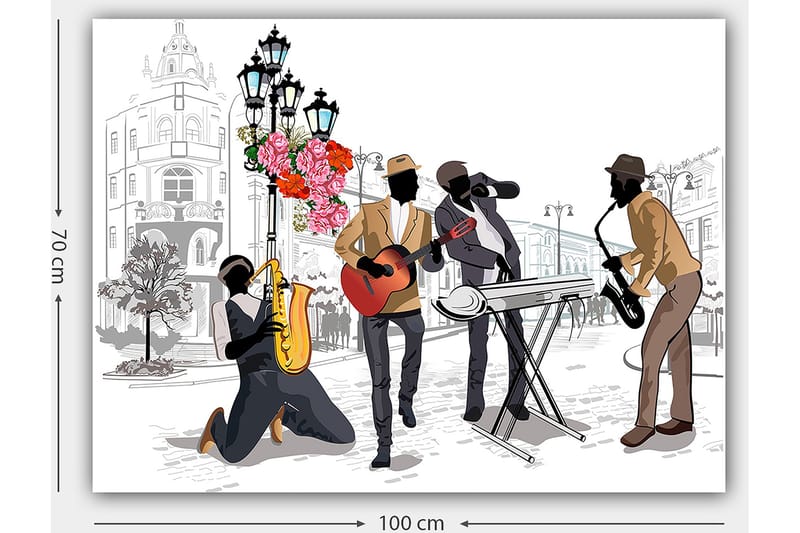 Lerretsbilde 70x100 cm - Livlig musikkscene med fire musikere som spiller forskjellige instrumenter på en gate, omgitt av blomster og lys - Mørk brun / Rød / Svart - Interiør - Maleri & posters - Lerretsbilder