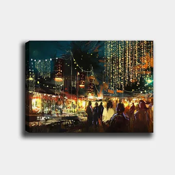 Lerretsbilde 70x100 cm - Livlig nattmarked med folk og lys som skaper en festlig atmosfære - Mørk blå / Gull / Rød - Interiør - Maleri & posters - Lerretsbilder