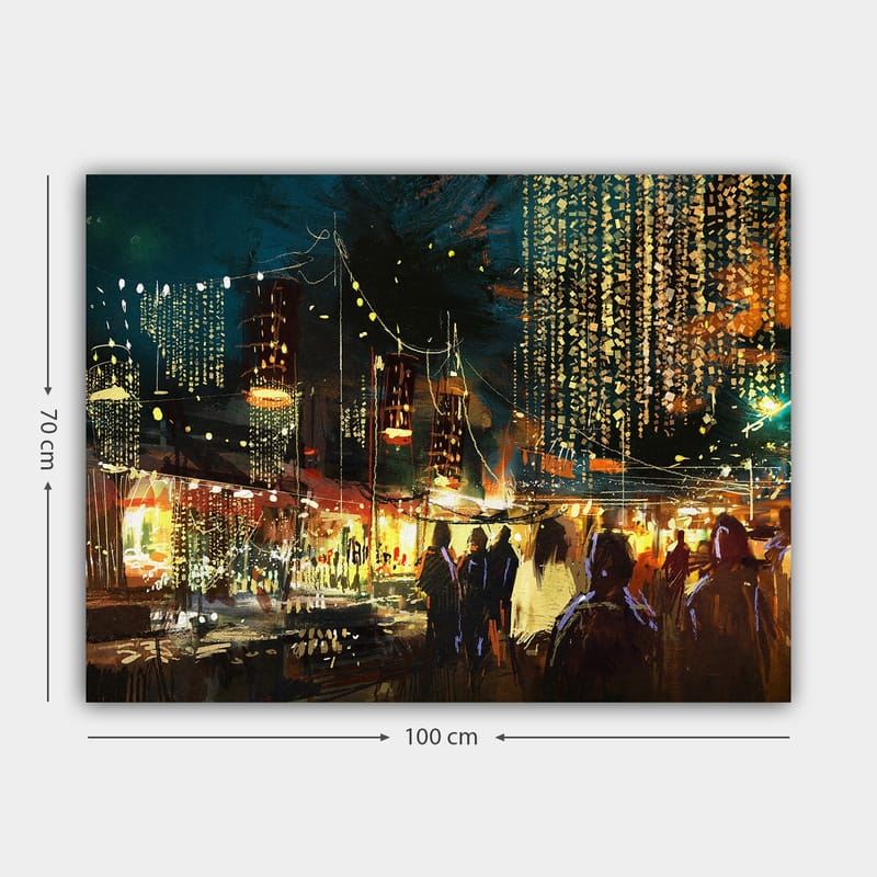 Lerretsbilde 70x100 cm - Livlig nattmarked med folk og lys som skaper en festlig atmosfære - Mørk blå / Gull / Rød - Interiør - Maleri & posters - Lerretsbilder