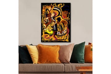 Lerretsbilde 70x100 cm - Livlig og dynamisk skildring av musikere som spiller forskjellige instrumenter i en fargerik komposisjon - Gull / Svart / Rød - Interiør - Maleri & posters - Lerretsbilder