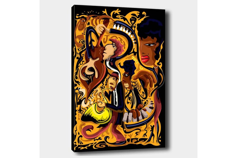 Lerretsbilde 70x100 cm - Livlig og dynamisk skildring av musikere som spiller forskjellige instrumenter i en fargerik komposisjon - Gull / Svart / Rød - Interiør - Maleri & posters - Lerretsbilder