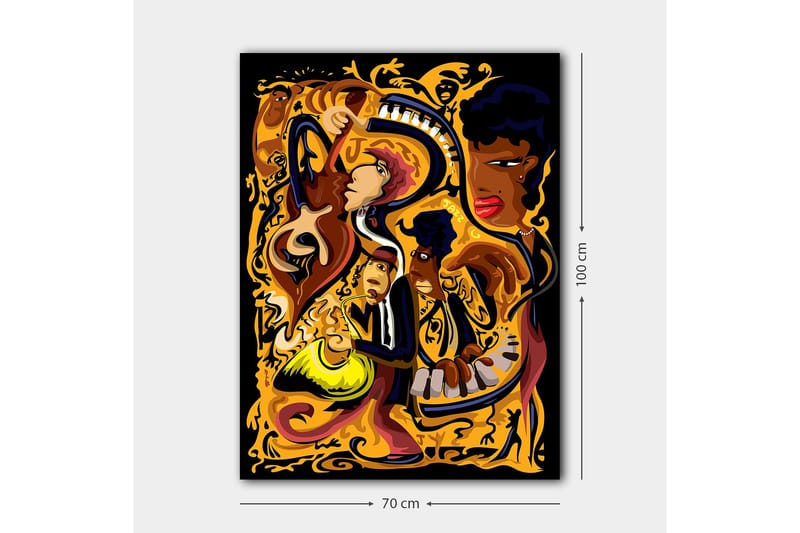 Lerretsbilde 70x100 cm - Livlig og dynamisk skildring av musikere som spiller forskjellige instrumenter i en fargerik komposisjon - Gull / Svart / Rød - Interiør - Maleri & posters - Lerretsbilder