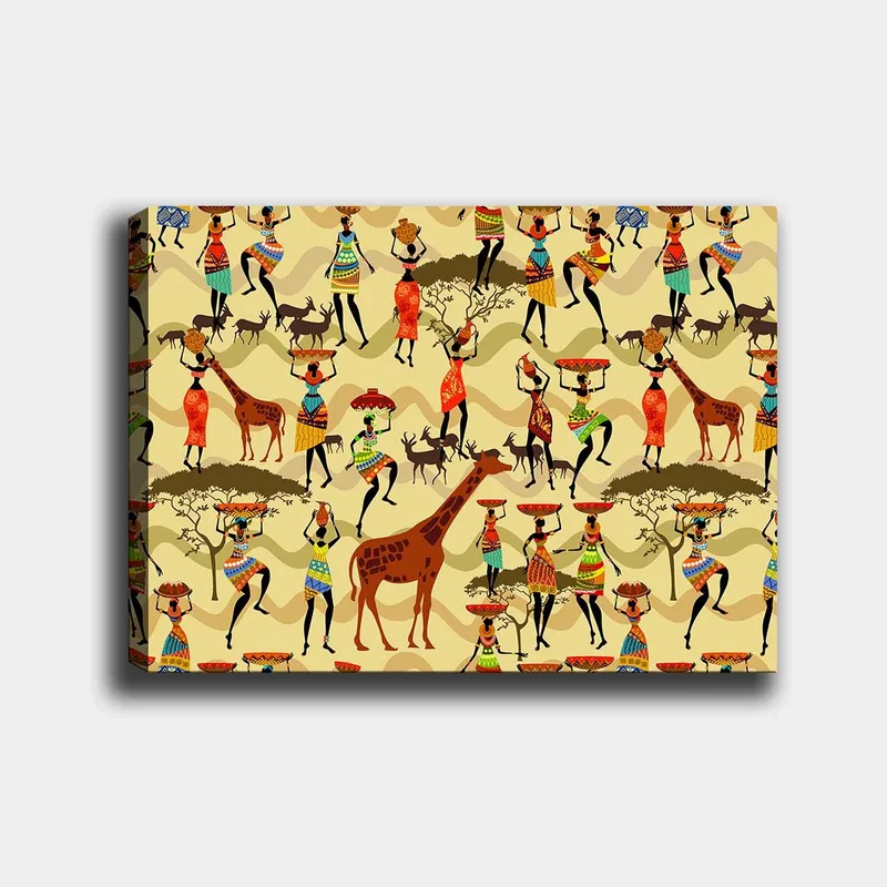 Lerretsbilde 70x100 cm - Livlig og fargerik scene med mennesker i tradisjonelle klær som danser og samhandler med dyr i en afrikansk setting, Rød / Brun / Grønn