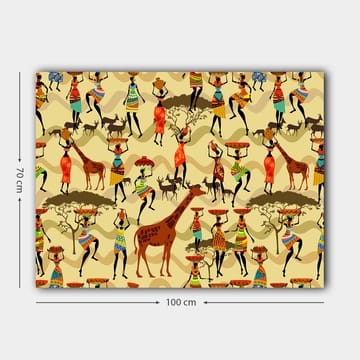 Lerretsbilde 70x100 cm - Livlig og fargerik scene med mennesker i tradisjonelle klær som danser og samhandler med dyr i en afrikansk setting - Rød / Brun / Grønn - Interiør - Maleri & posters - Lerretsbilder