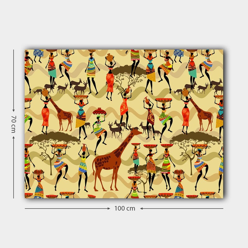 Lerretsbilde 70x100 cm - Livlig og fargerik scene med mennesker i tradisjonelle klær som danser og samhandler med dyr i en afrikansk setting - Rød / Brun / Grønn - Interiør - Maleri & posters - Lerretsbilder