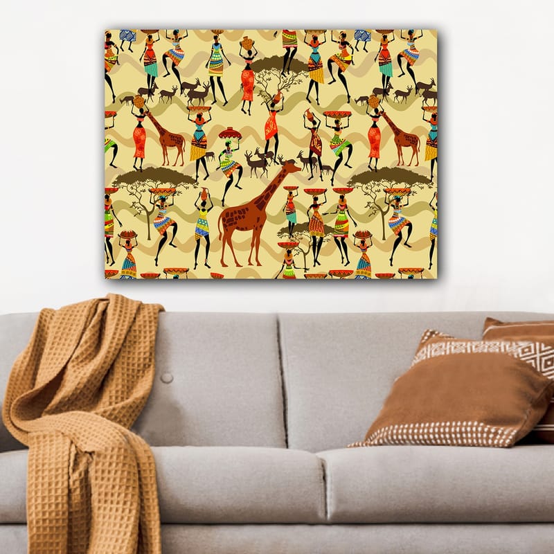 Lerretsbilde 70x100 cm - Livlig og fargerik scene med mennesker i tradisjonelle klær som danser og samhandler med dyr i en afrikansk setting - Rød / Brun / Grønn - Interiør - Maleri & posters - Lerretsbilder