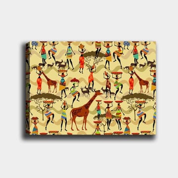 Lerretsbilde 70x100 cm - Livlig og fargerik scene med mennesker i tradisjonelle klær som danser og samhandler med dyr i en afrikansk setting - Rød / Brun / Grønn - Interiør - Maleri & posters - Lerretsbilder