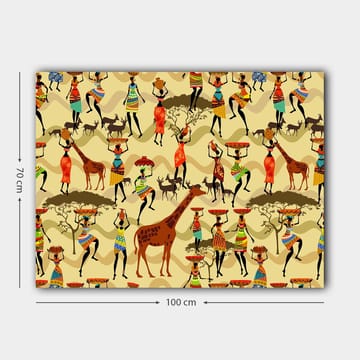 Lerretsbilde 70x100 cm - Livlig og fargerik scene med mennesker i tradisjonelle klær som danser og samhandler med dyr i en afrikansk setting - Rød / Brun / Grønn - Interiør - Maleri & posters - Lerretsbilder