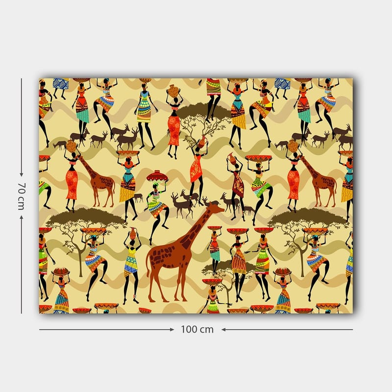 Lerretsbilde 70x100 cm - Livlig og fargerik scene med mennesker i tradisjonelle klær som danser og samhandler med dyr i en afrikansk setting - Rød / Brun / Grønn - Interiør - Maleri & posters - Lerretsbilder