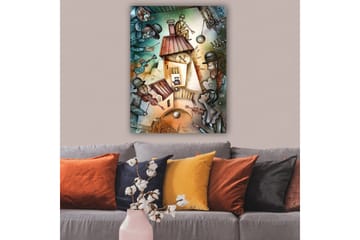 Lerretsbilde 70x100 cm - Livlig scene med musikere og en figur som spiller trompet på taket av et hus - Grønn / Brun / Blå - Interiør - Maleri & posters - Lerretsbilder