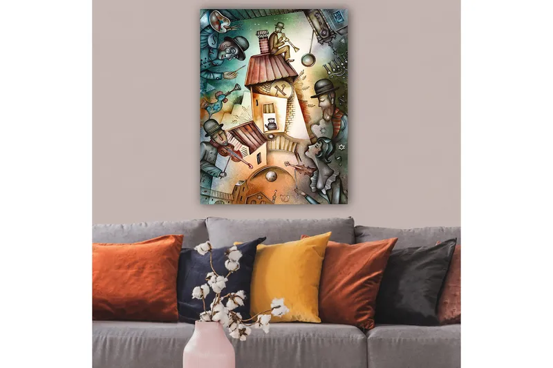 Lerretsbilde 70x100 cm - Livlig scene med musikere og en figur som spiller trompet på taket av et hus - Grønn / Brun / Blå - Interiør - Maleri & posters - Lerretsbilder