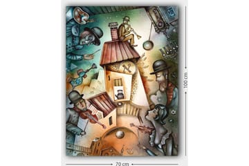 Lerretsbilde 70x100 cm - Livlig scene med musikere og en figur som spiller trompet på taket av et hus - Grønn / Brun / Blå - Interiør - Maleri & posters - Lerretsbilder