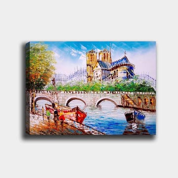 Lerretsbilde 70x100 cm - Livlig scene ved en bro med fargerike båter og en imponerende bygning i bakgrunnen - Blå / Rød / Grønn - Interiør - Maleri & posters - Lerretsbilder