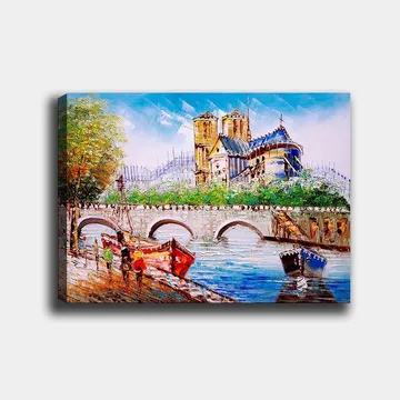 Lerretsbilde 70x100 cm - Livlig scene ved en bro med fargerike båter og en imponerende bygning i bakgrunnen - Blå / Rød / Grønn - Interiør - Maleri & posters - Lerretsbilder