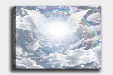 Lerretsbilde 70x100 cm - Lys og drømmende himmel med englevinger som strekker seg mot et strålende midtpunkt - Hvit / Lys blå / Grå - Interiør - Maleri & posters - Lerretsbilder