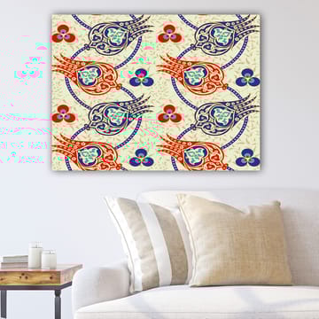 Lerretsbilde 70x100 cm - Mønster av stiliserte blomster og blader i livlige farger - Rød / Blå / Beige - Interiør - Maleri & posters - Lerretsbilder