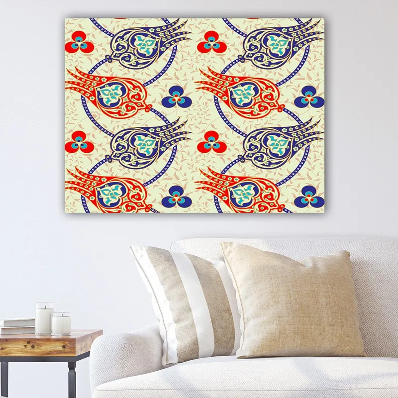 Lerretsbilde 70x100 cm - Mønster av stiliserte blomster og blader i livlige farger, Rød / Blå / Beige