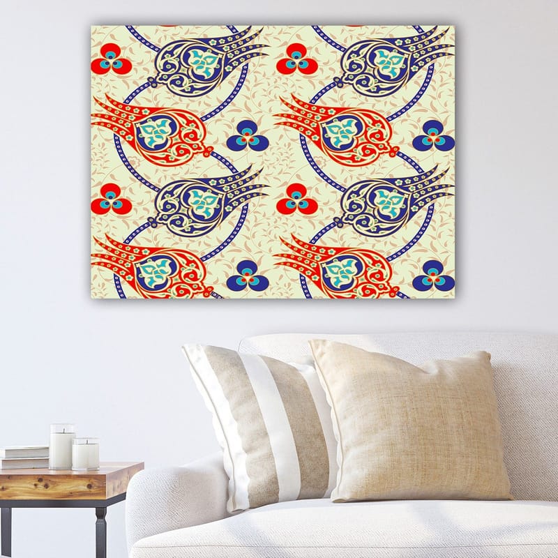 Lerretsbilde 70x100 cm - Mønster av stiliserte blomster og blader i livlige farger, Rød / Blå / Beige