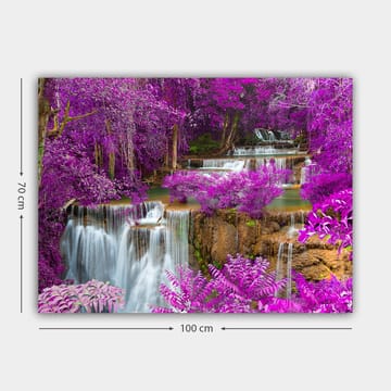 Lerretsbilde 70x100 cm - Magisk fossefall omgitt av lilla blomster og grøntområder - Lilla / Grønn / Hvit - Interiør - Maleri & posters - Lerretsbilder