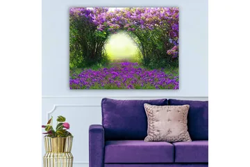 Lerretsbilde 70x100 cm - Magisk hage med lilla blomster som fører inn i en lys tunnel av grøntområder - Lilla / Grønn / Gul - Interiør - Maleri & posters - Lerretsbilder