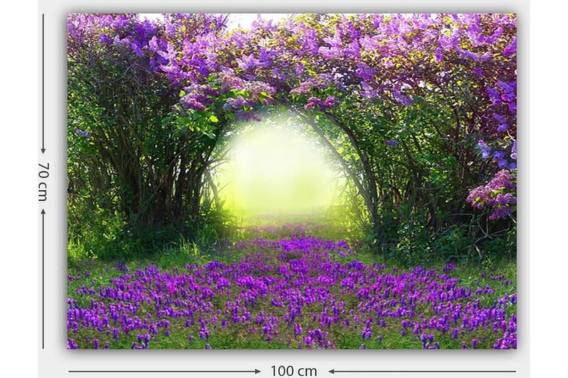 Lerretsbilde 70x100 cm - Magisk hage med lilla blomster som fører inn i en lys tunnel av grøntområder - Lilla / Grønn / Gul - Interiør - Maleri & posters - Lerretsbilder