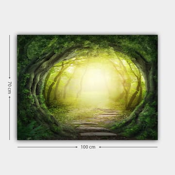 Lerretsbilde 70x100 cm - Magisk skogsti med lys som skinner gjennom trærnes grønne vegetasjon - Grønn / Lys gul - Interiør - Maleri & posters - Lerretsbilder