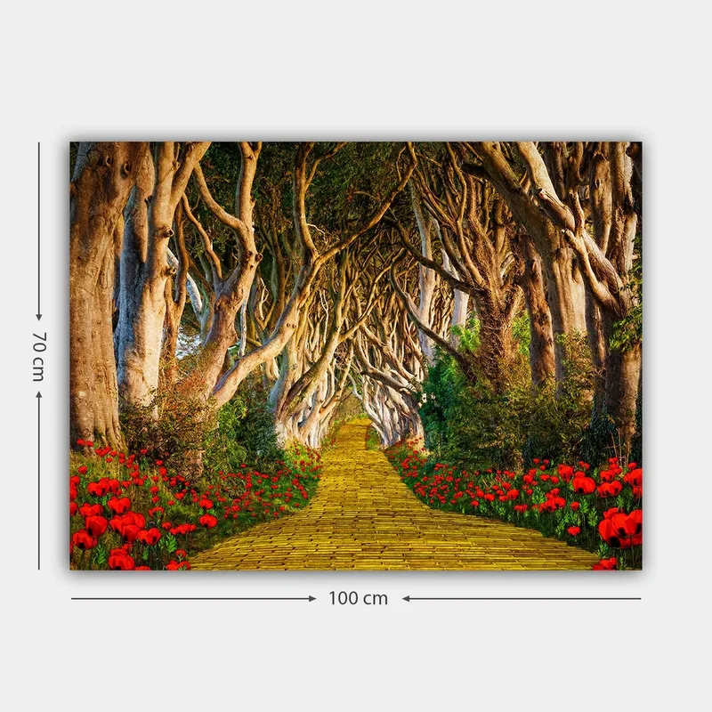 Lerretsbilde 70x100 cm - Magisk sti omkranset av blomster som fører gjennom en tunnel av trær - Gul / Grønn / Rød - Interiør - Maleri & posters - Lerretsbilder