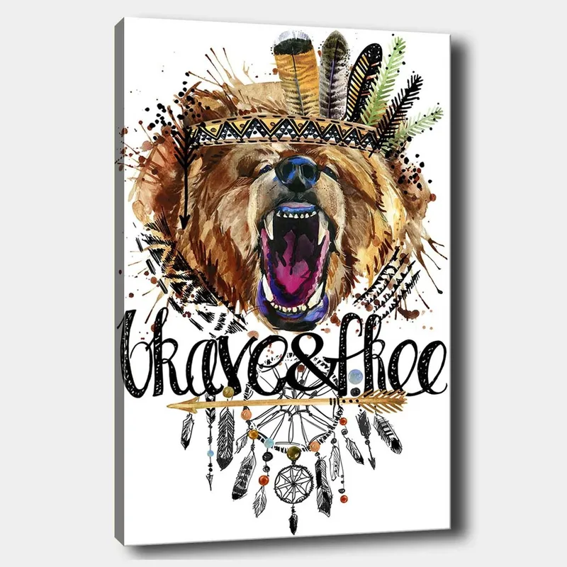 Lerretsbilde 70x100 cm - Majestetisk bjørnehode med fargerik fjærkrans og dekorative detaljer - Brun / Svart / Oransje - Interiør - Maleri & posters - Lerretsbilder