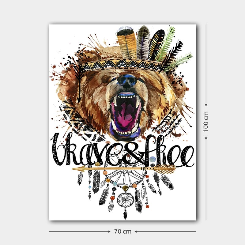 Lerretsbilde 70x100 cm - Majestetisk bjørnehode med fargerik fjærkrans og dekorative detaljer - Brun / Svart / Oransje - Interiør - Maleri & posters - Lerretsbilder