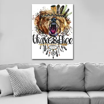 Lerretsbilde 70x100 cm - Majestetisk bjørnehode med fargerik fjærkrans og dekorative detaljer - Brun / Svart / Oransje - Interiør - Maleri & posters - Lerretsbilder