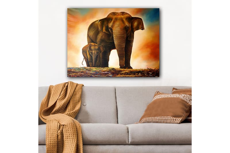 Lerretsbilde 70x100 cm - Majestetisk elefant med kalven sin i et varmt og fargerikt miljø - Brun / Oransje / Beige - Interiør - Maleri & posters - Lerretsbilder