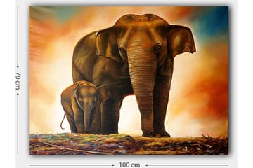 Lerretsbilde 70x100 cm - Majestetisk elefant med kalven sin i et varmt og fargerikt miljø - Brun / Oransje / Beige - Interiør - Maleri & posters - Lerretsbilder