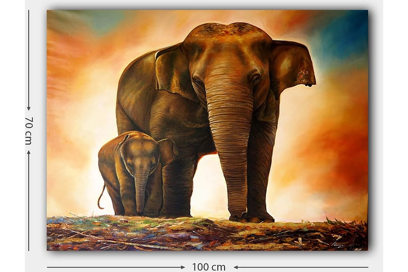 Lerretsbilde 70x100 cm - Majestetisk elefant med kalven sin i et varmt og fargerikt miljø - Brun / Oransje / Beige - Interiør - Maleri & posters - Lerretsbilder
