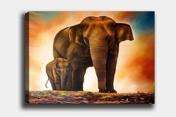 Lerretsbilde 70x100 cm - Majestetisk elefant med kalven sin i et varmt og fargerikt miljø - Brun / Oransje / Beige - Interiør - Maleri & posters - Lerretsbilder
