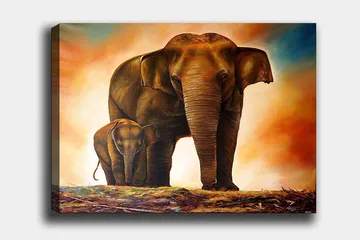 Lerretsbilde 70x100 cm - Majestetisk elefant med kalven sin i et varmt og fargerikt miljø - Brun / Oransje / Beige - Interiør - Maleri & posters - Lerretsbilder