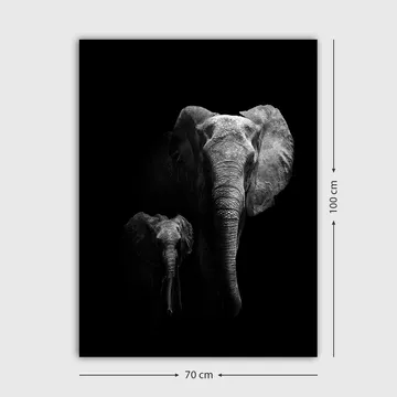 Lerretsbilde 70x100 cm - Majestetisk elefant og en kalv som fremhever forholdet deres i en dramatisk svart-hvitt-komposisjon - Svart / Grå - Interiør - Maleri & posters - Lerretsbilder