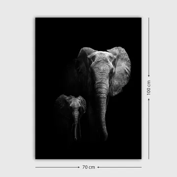 Lerretsbilde 70x100 cm - Majestetisk elefant og en kalv som fremhever forholdet deres i en dramatisk svart-hvitt-komposisjon - Svart / Grå - Interiør - Maleri & posters - Lerretsbilder
