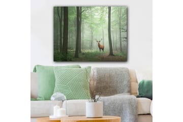 Lerretsbilde 70x100 cm - Majestetisk elg står stolt i en tåkete skog omgitt av grønne trær - Grønn / Brun / Grå - Interiør - Maleri & posters - Lerretsbilder