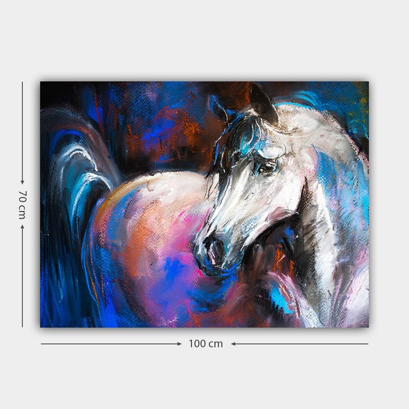 Lerretsbilde 70x100 cm - Majestetisk hvit hest med fargerike detaljer i bakgrunnen - Hvit / Blå / Rosa - Interiør - Maleri & posters - Lerretsbilder