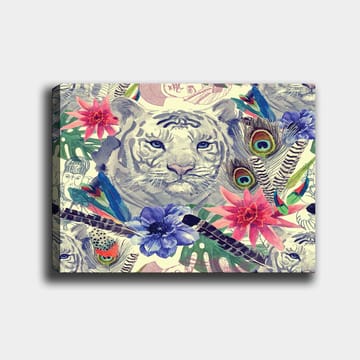 Lerretsbilde 70x100 cm - Majestetisk hvit tiger omgitt av fargerike blomster og fjær - Hvit / Grønn / Rosa - Interiør - Maleri & posters - Lerretsbilder