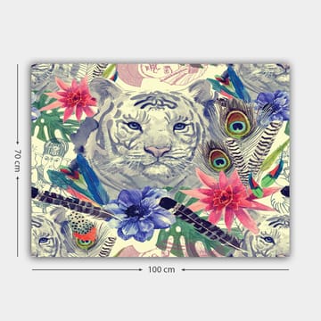 Lerretsbilde 70x100 cm - Majestetisk hvit tiger omgitt av fargerike blomster og fjær - Hvit / Grønn / Rosa - Interiør - Maleri & posters - Lerretsbilder