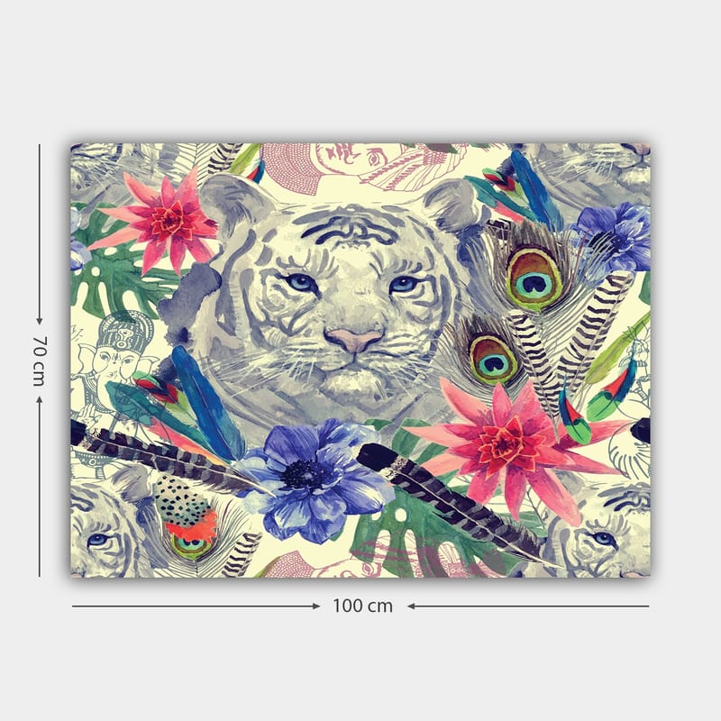 Lerretsbilde 70x100 cm - Majestetisk hvit tiger omgitt av fargerike blomster og fjær - Hvit / Grønn / Rosa - Interiør - Maleri & posters - Lerretsbilder