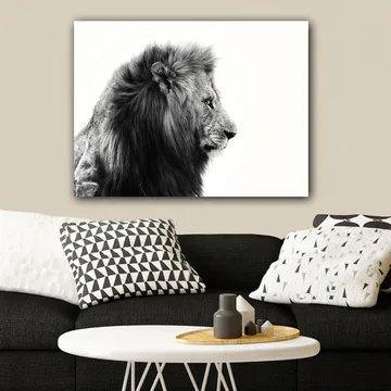 Lerretsbilde 70x100 cm - Majestetisk løveprofil i svart-hvitt som utstråler styrke og eleganse - Svart / Hvit - Interiør - Maleri & posters - Lerretsbilder