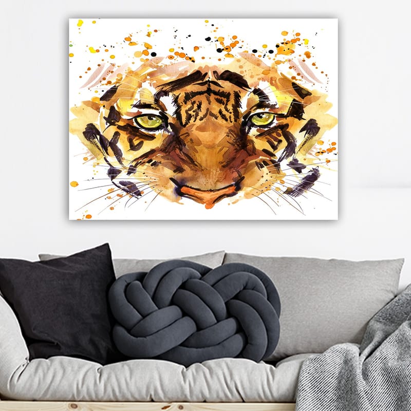 Lerretsbilde 70x100 cm - Majestetisk tiger med intense øyne og kraftige ansiktstrekk - Oransje / Brun / Gullfarget - Interiør - Maleri & posters - Lerretsbilder
