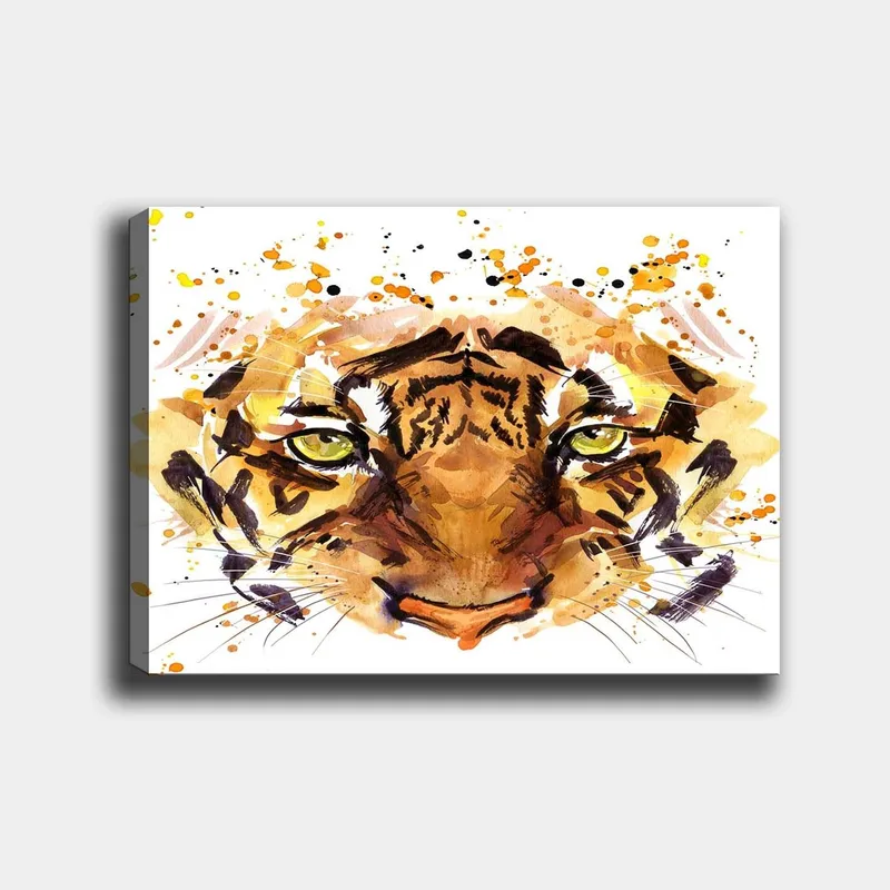 Lerretsbilde 70x100 cm - Majestetisk tiger med intense øyne og kraftige ansiktstrekk, Oransje / Brun / Gullfarget