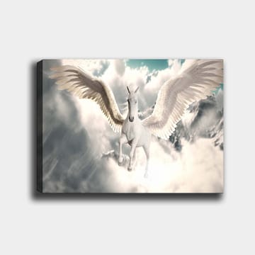 Lerretsbilde 70x100 cm - Majestetisk vinget enhjørning som svever gjennom skyene - Hvit / Lys blå / Grå - Interiør - Maleri & posters - Lerretsbilder
