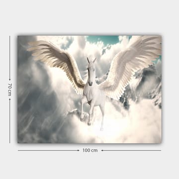 Lerretsbilde 70x100 cm - Majestetisk vinget enhjørning som svever gjennom skyene - Hvit / Lys blå / Grå - Interiør - Maleri & posters - Lerretsbilder