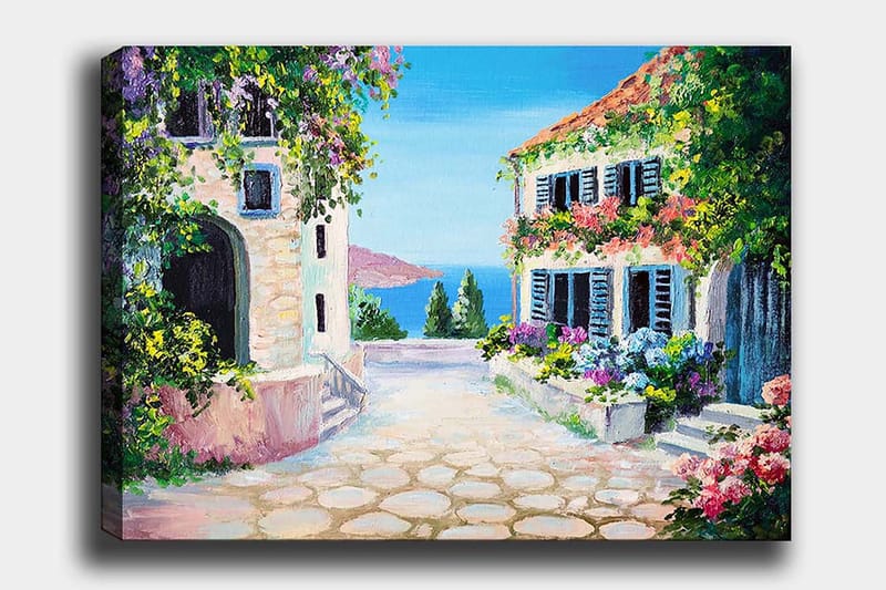 Lerretsbilde 70x100 cm - Malerisk gate med blomsterhus og havutsikt, Grønn / Rosa / Blå